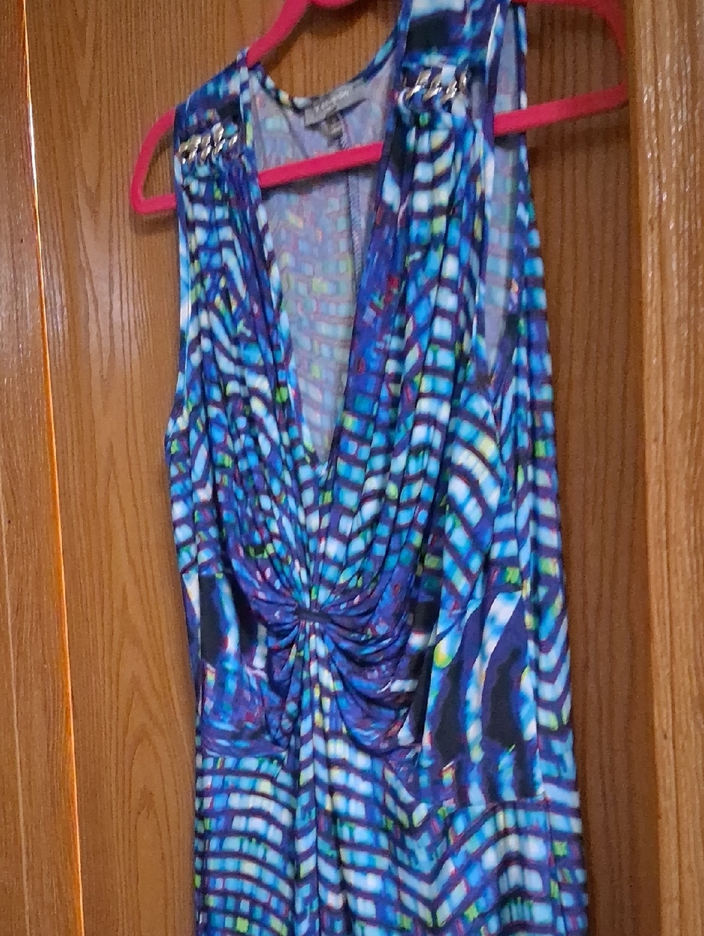 NY Collection Blue Multicolor Patterned Dress with Pink Trim